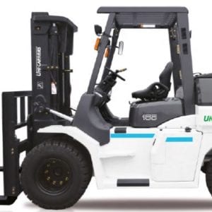 A white and black unicarriers forklift