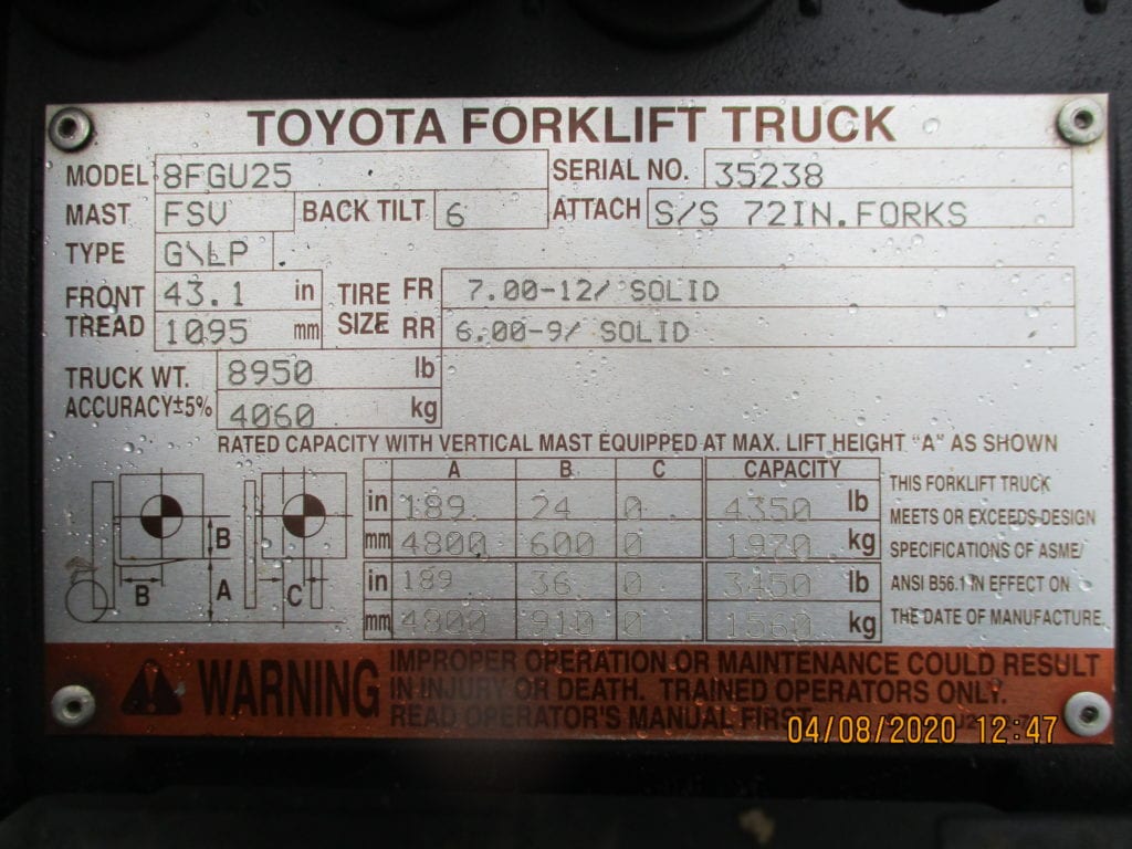 toyota forklift plate